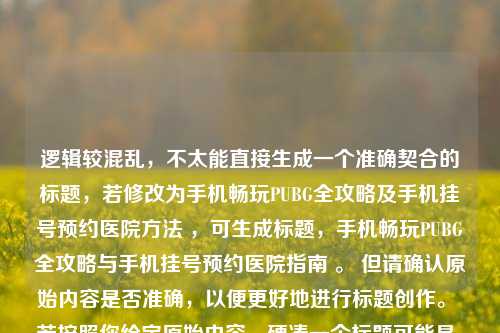 逻辑较混乱，不太能直接生成一个准确契合的标题，若修改为手机畅玩PUBG全攻略及手机挂号预约医院方法 ，可生成标题，手机畅玩PUBG全攻略与手机挂号预约医院指南 。 但请确认原始内容是否准确，以便更好地进行标题创作。 若按照你给定原始内容，硬凑一个标题可能是，手机畅玩PUBG攻略及手机挂号预约医院的奇趣关联 。