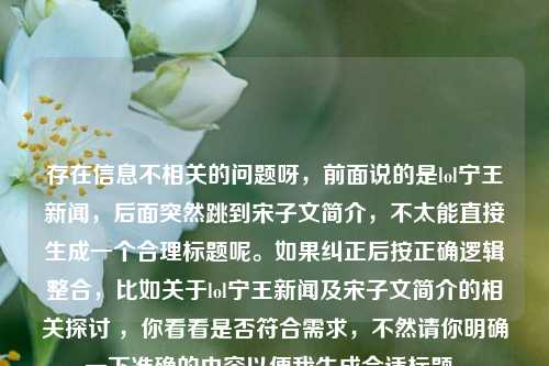 存在信息不相关的问题呀，前面说的是lol宁王新闻，后面突然跳到宋子文简介，不太能直接生成一个合理标题呢。如果纠正后按正确逻辑整合，比如关于lol宁王新闻及宋子文简介的相关探讨 ，你看看是否符合需求，不然请你明确一下准确的内容以便我生成合适标题。